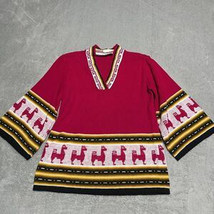 Vintage 70s Bell Sleeve Sweater‎ Small Pink Pullover Alpaca Llama Print V Neck